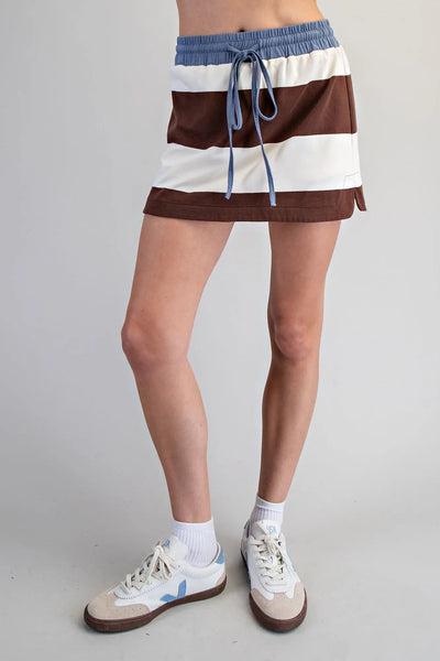 High Waist Enzyme Washed Striped Skort