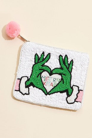 Merry Xmas Grinch Sequin Christmas Mini Pouch Bag