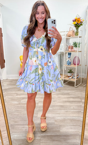 Tropical Print Short Puff Sleeve Mini Dress