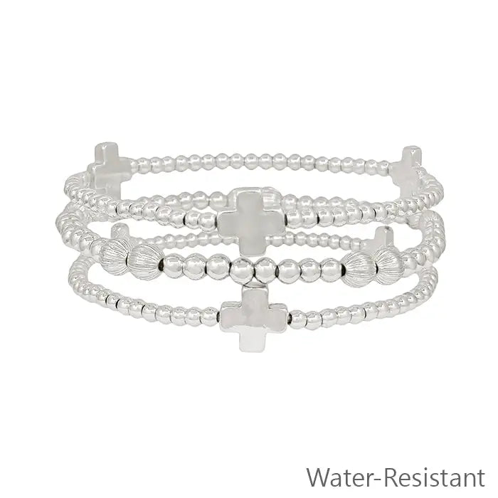 Water Resistant Set of Three Silver Cross & Beaded Stretch Bracelets