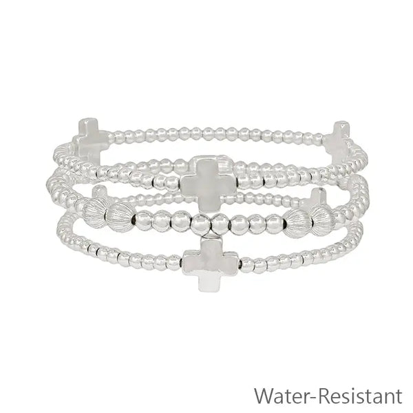 Water Resistant Set of Three Silver Cross & Beaded Stretch Bracelets
