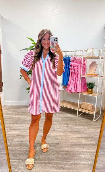 Button Down Stripe Shift Dress