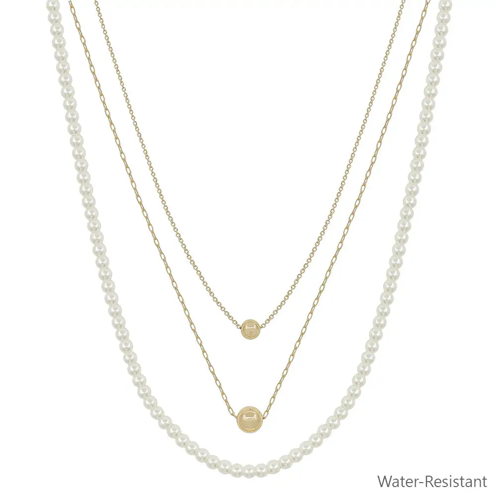 Water Resistant Triple Layered Pearl Beaded & Chain 16"-18" Necklace
