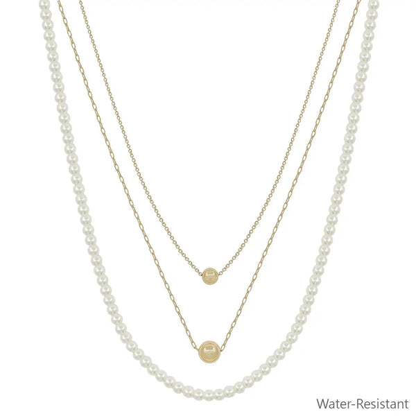 Water Resistant Triple Layered Pearl Beaded & Chain 16"-18" Necklace