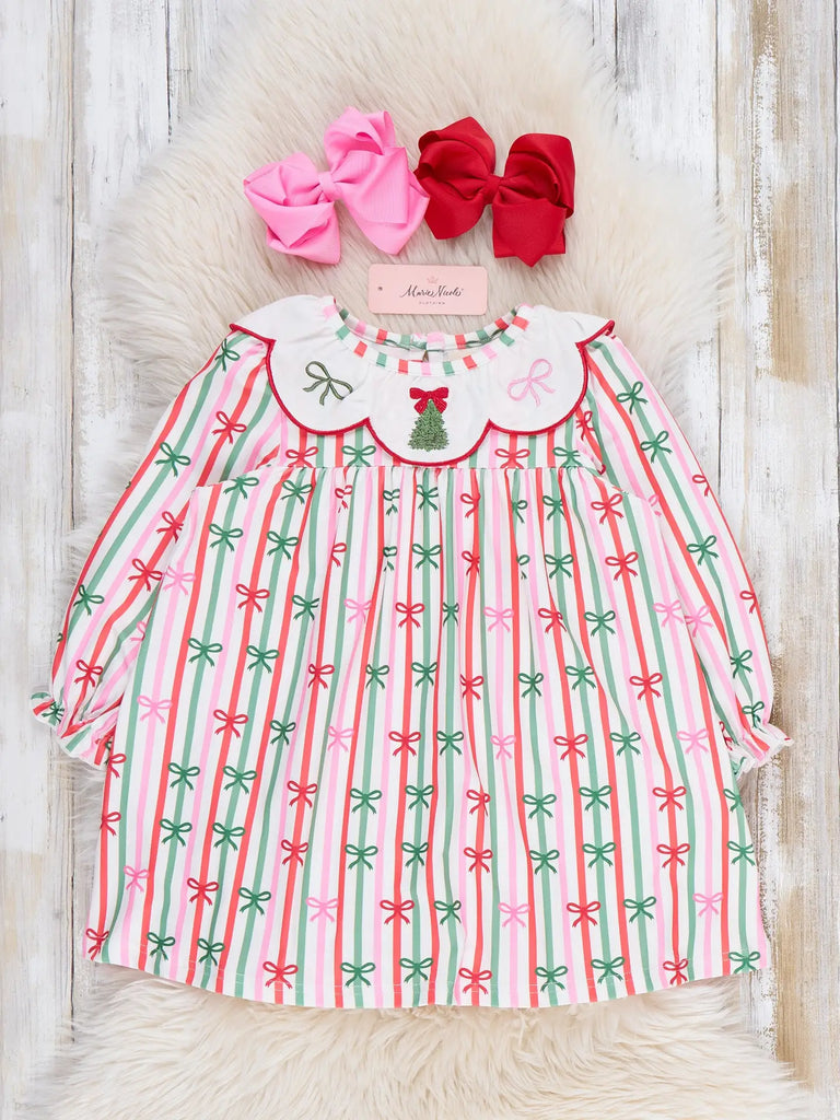 Merry Bow Stripes Scallop Collar Dress