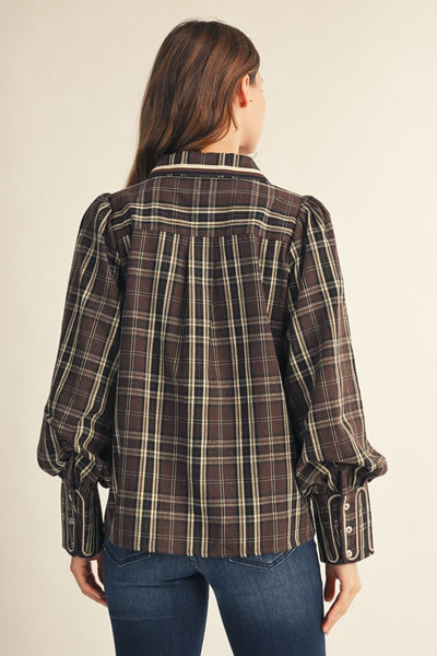 Embroidery Accent Button Down Plaid Top