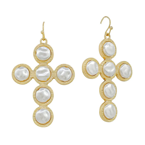 Gold Pearl Coin 1.5" Cross Earrings