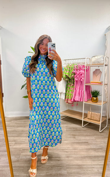 Botanical Short Puff Sleeve Midi Dress