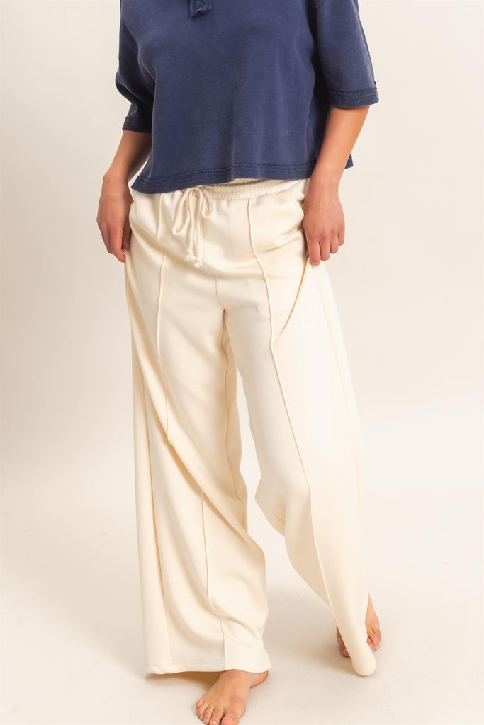 Drawstring Waist Pintuck Wide Leg Pants