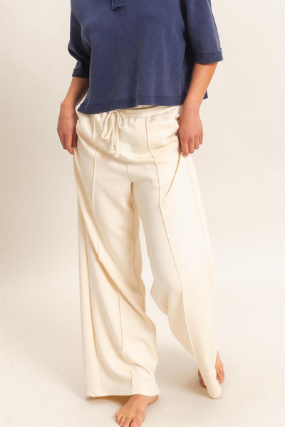Drawstring Waist Pintuck Wide Leg Pants
