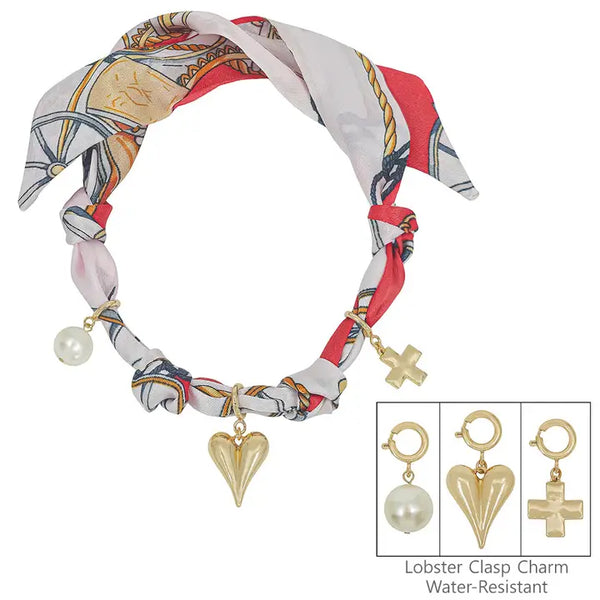 Knotted Scarf Necklace with Heart, Cross, & Pearl Charm