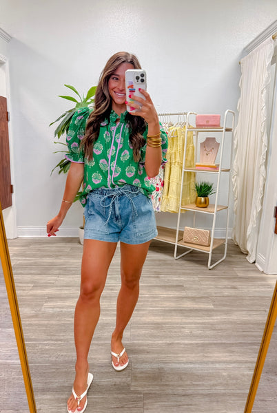 Floral Block Print Puff Sleeve Top