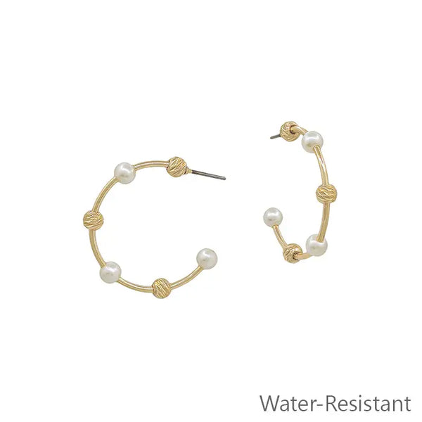 Water Resistant Gold Bar w/ Pearl & Textured Ball 1" Hoop Earring