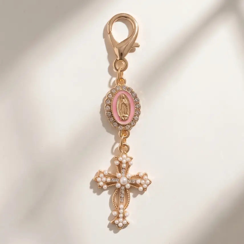 Our Lady of Guadalupe Pink Enamel Medal Keychain