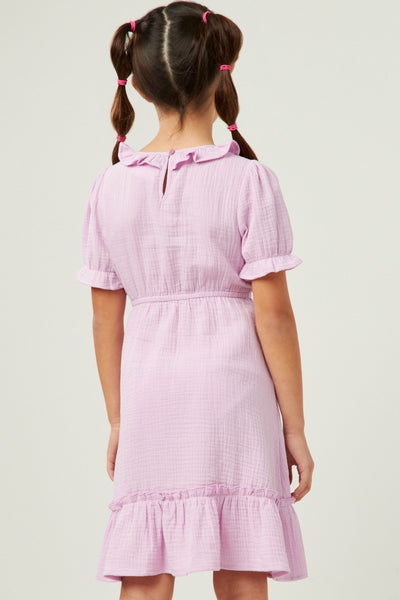 Girls Textured Ruffle Bib Cinch Sleeve Dress