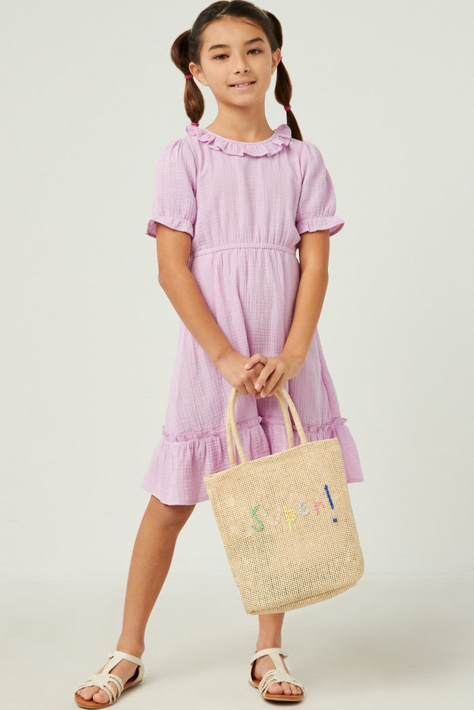 Girls Textured Ruffle Bib Cinch Sleeve Dress