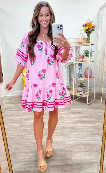 Floral Half Sleeve Front Neck Tie Dress