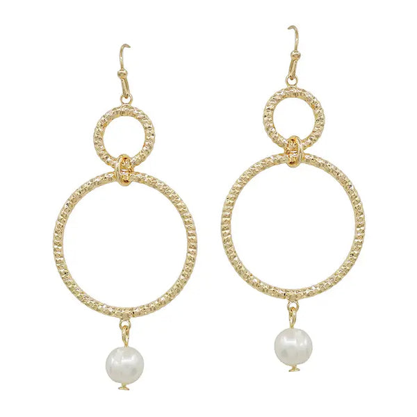 Gold Double Hoop with Freshwater Pearl 2" Drop Earring