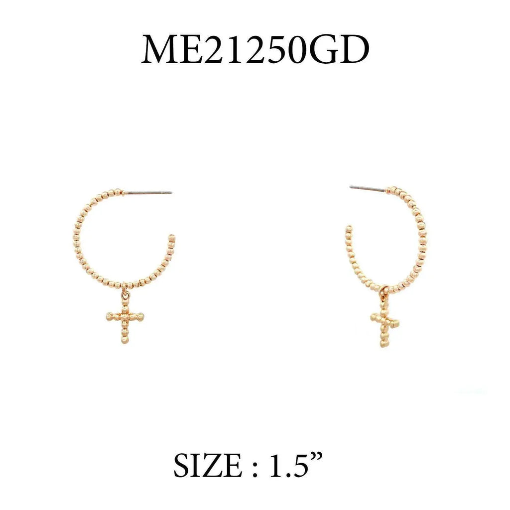 Gold Small Beaded 1.5" Hoop w/ Small Cross Charm Earring