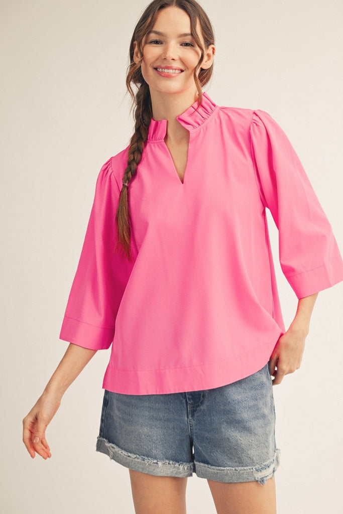 Ruffled Neck Crinkle Solid Top