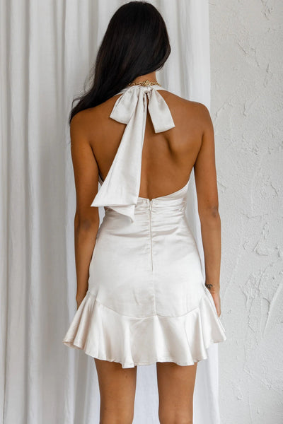Halter Neck Cowl Front Mini Satin Dress