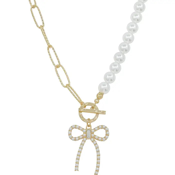 Gold and Pearl Chain Necklace with Rhinestone Bow