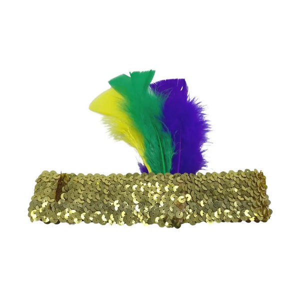 Sequin Headband w/ Purple, Green and Gold Feathers