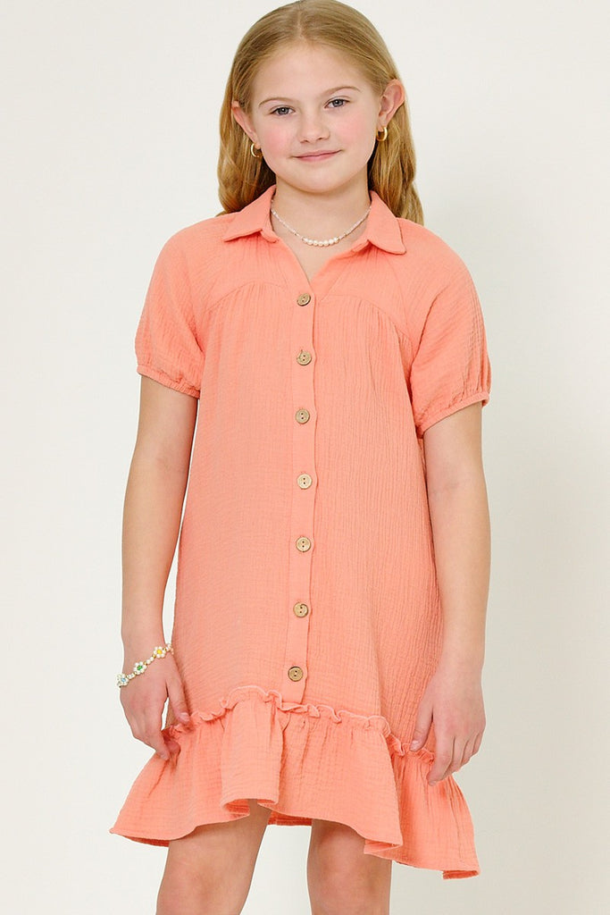 Girls Textured Button Detail Collared Dress