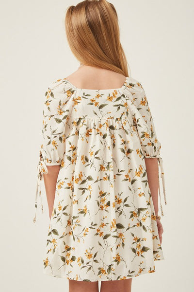 Girls Floral Square Neck Tie Sleeve Dress