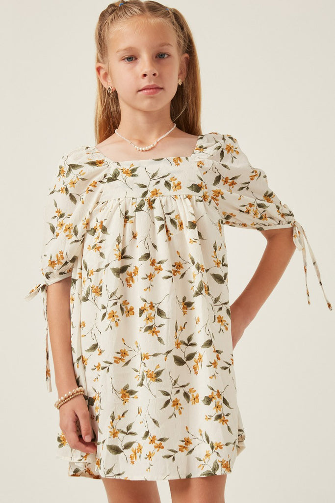 Girls Floral Square Neck Tie Sleeve Dress