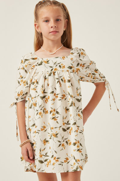 Girls Floral Square Neck Tie Sleeve Dress
