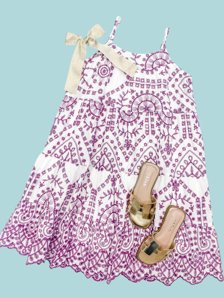 Girls Eyelet Embroidered Scallop Hem Tank Dress