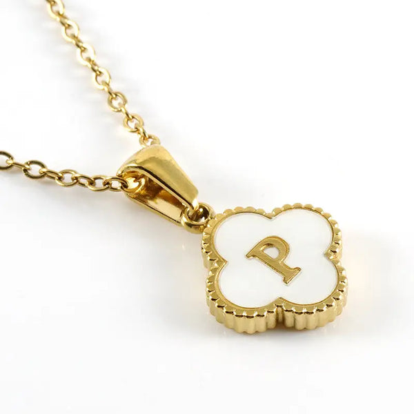 Clover Shell Initial Charm 18K Golden Steel Necklace