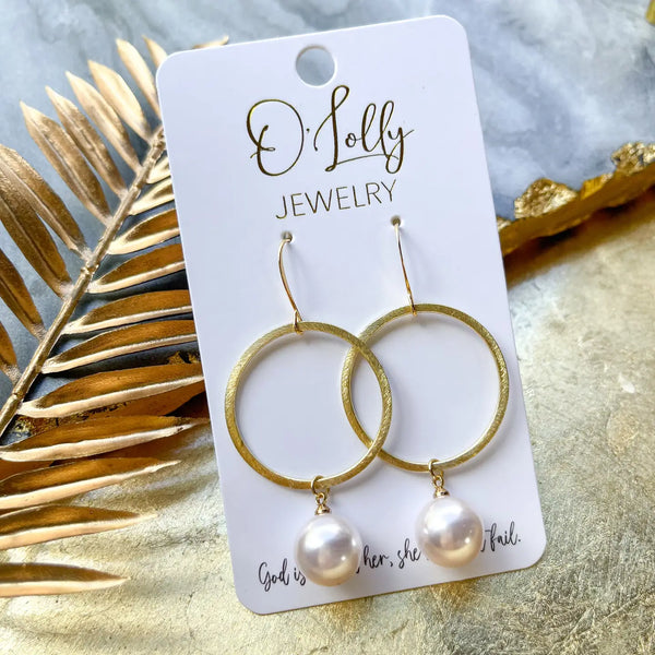 Gold Hoop w Imitation Pearl Charm Earrings