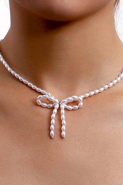 Beaded Pearl Bow Tie Bib Necklace