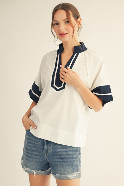 Color Contrast Accent Solid Crinkle Top