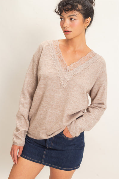 Lace Trim V-Neck Sweater