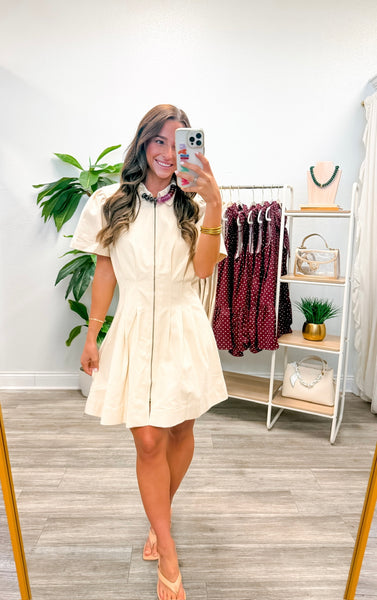 Pleated Twill Utility Mini Dress