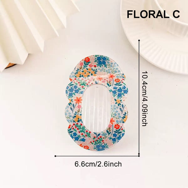 Scalloped Edge Floral Striped Hair Claw Clip