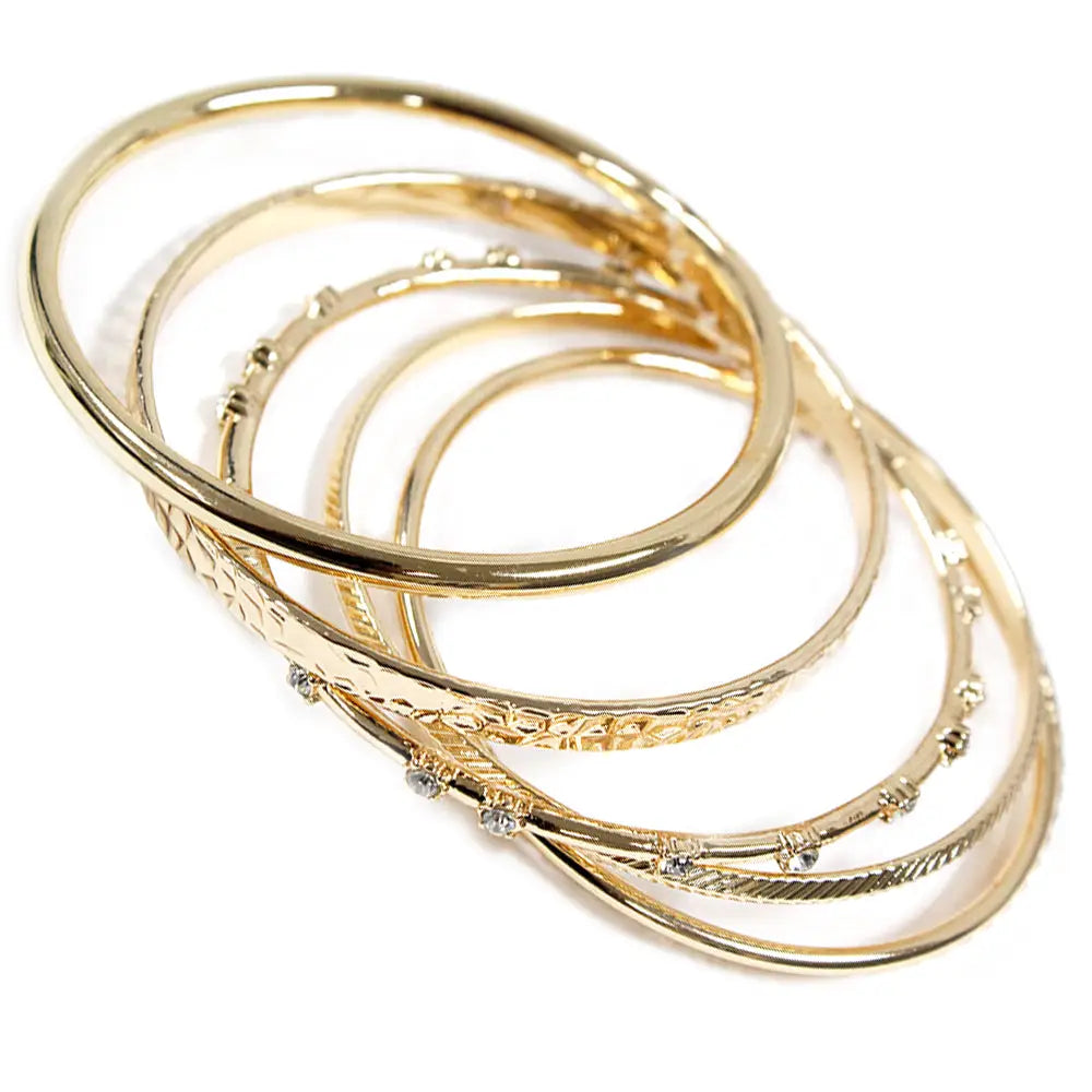 Set of 5 Thin Textured Gold Bangle Studded Bracelets