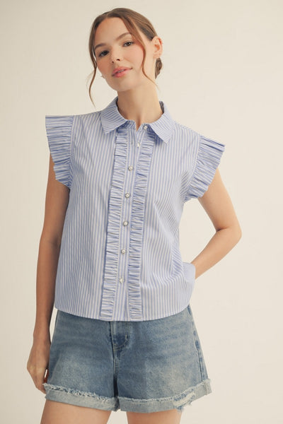 Ruffle Button Down Crinkled Solid Top