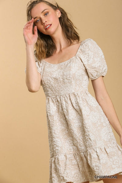 Jacquard Puff Sleeve Tiered Babydoll Dress