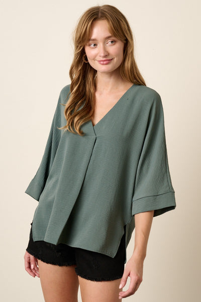 V-Neck Pleat Detail Front Dolman Top