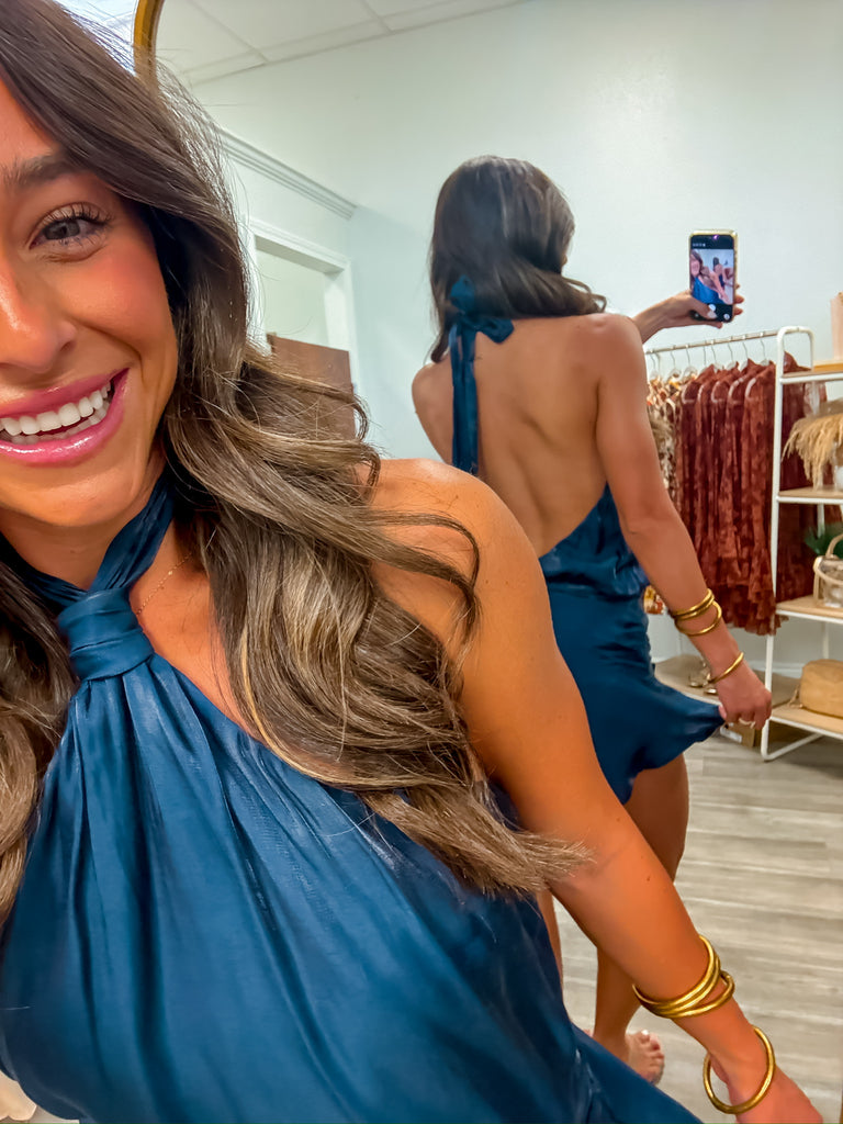 Satin Halter Tie Neck Mini Dress