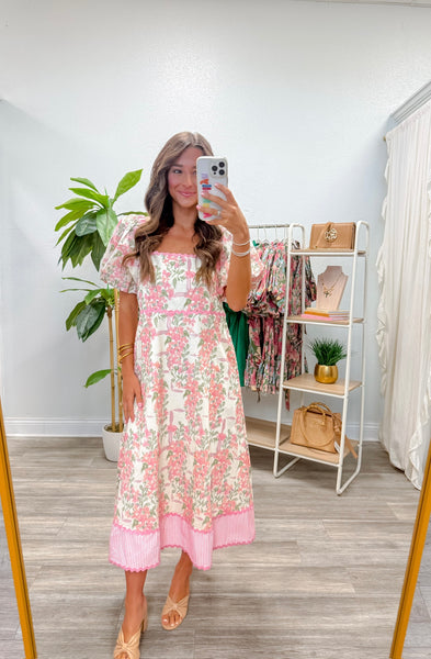 Puff Sleeves Floral Midi Dress