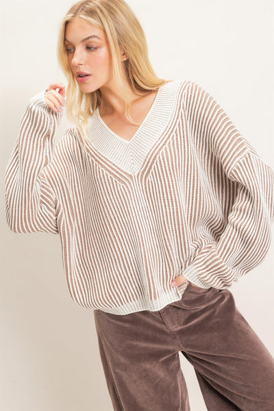Striped V-Neck Ribbed Sweater