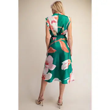 Floral Sleeveless Satin Midi Dress