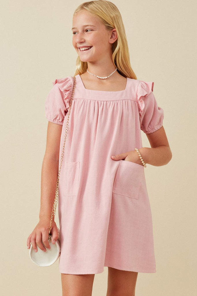 Girls Patch Pocket Ruffled Dress