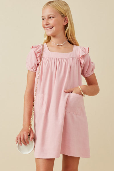Girls Patch Pocket Ruffled Dress