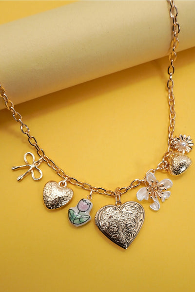 Heart Locket Porcelain Flower Bow Charm Necklace